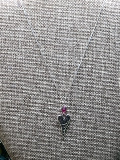 Hammered Heart Necklace with Fushia Crystal