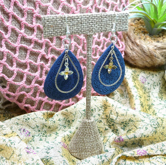 Blue Suede Tear Drop Earrings with Dangle Drop