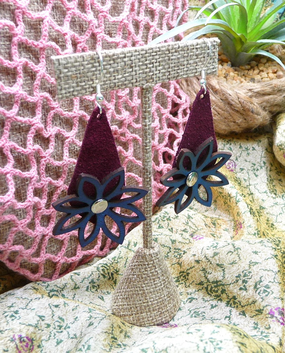 Plum Suede Earrings with Navy Leather Riveted Flower