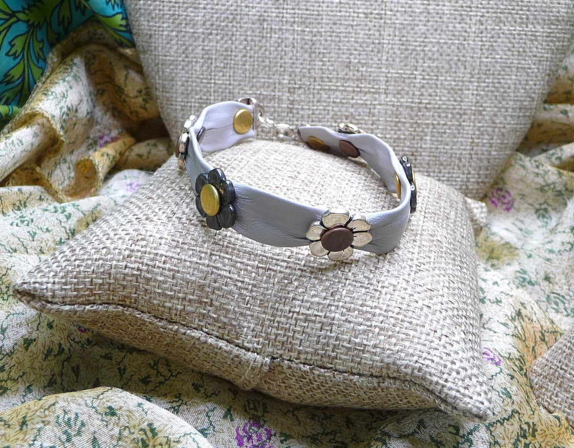 Gray Nappa Leather Riveted Bracelet with Tierracast Flowers