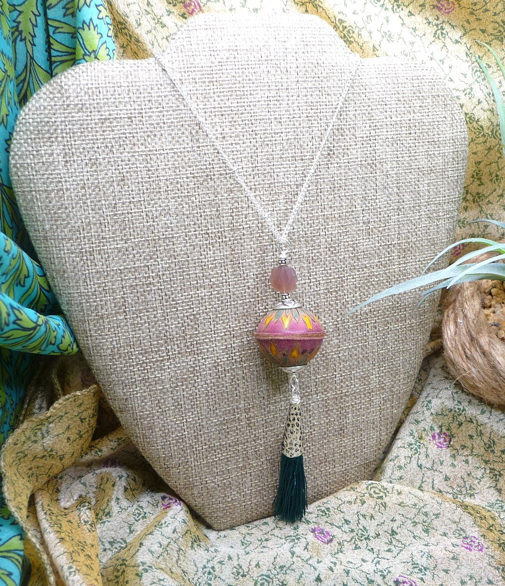 Gemstone and Painted Leather Necklace with Tassel