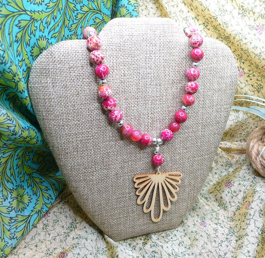 Pink Gemstone and Wood Necklace