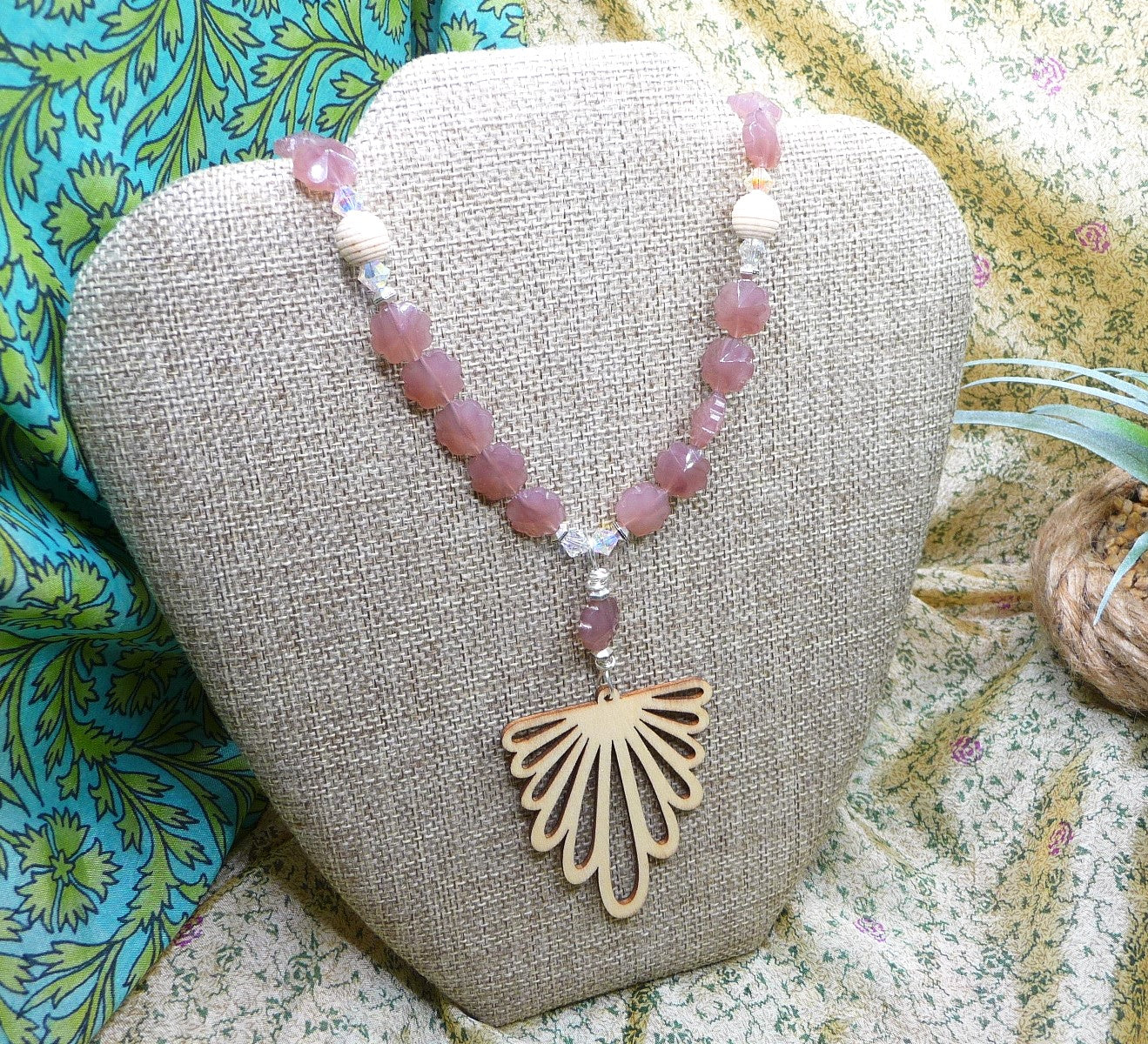 Lavender Quartz Gemstone, Crystal and Wood Necklace