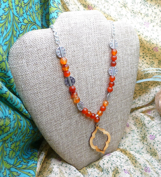 Boho Silver Wood and Carnelian Bead Necklace