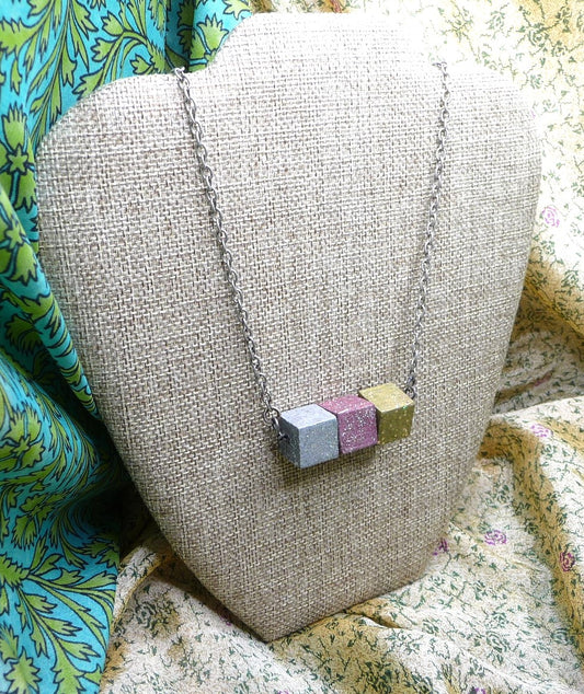 Rosegold, Silver and Gold Wooden Block Necklace