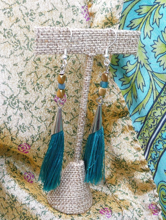 Teal and Silver Tone Tassel Earrings