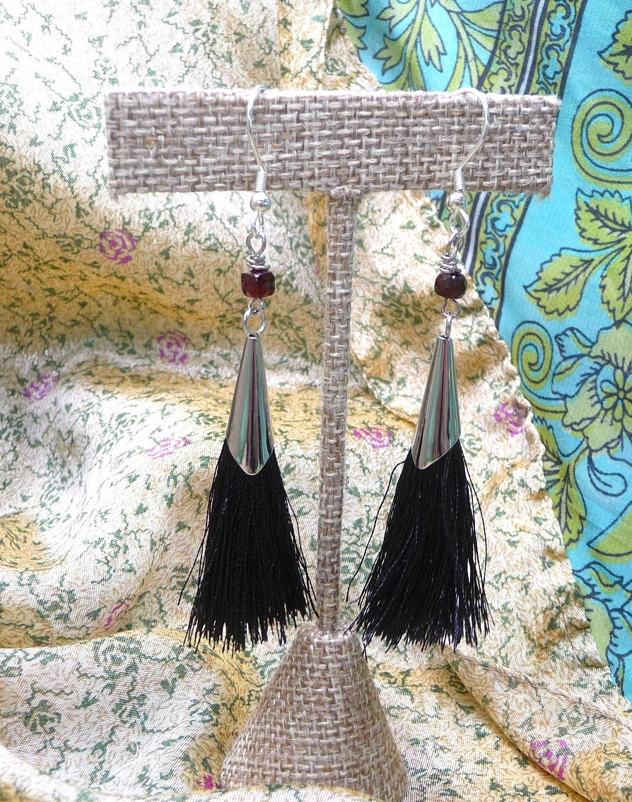 Black and Silver Tone Tassel Earrings