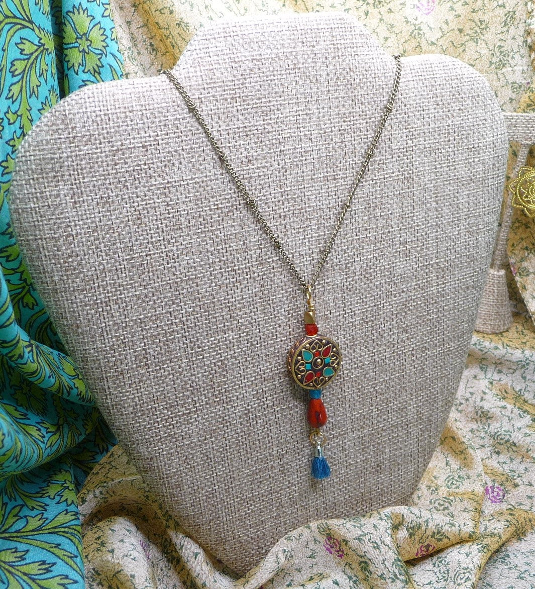 Brass Tibetan Mosaic Round Necklace with Tassel