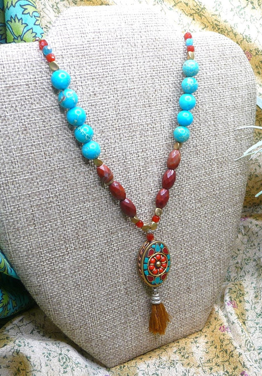 Brass Tibetan Mosaic Necklace with Tassel