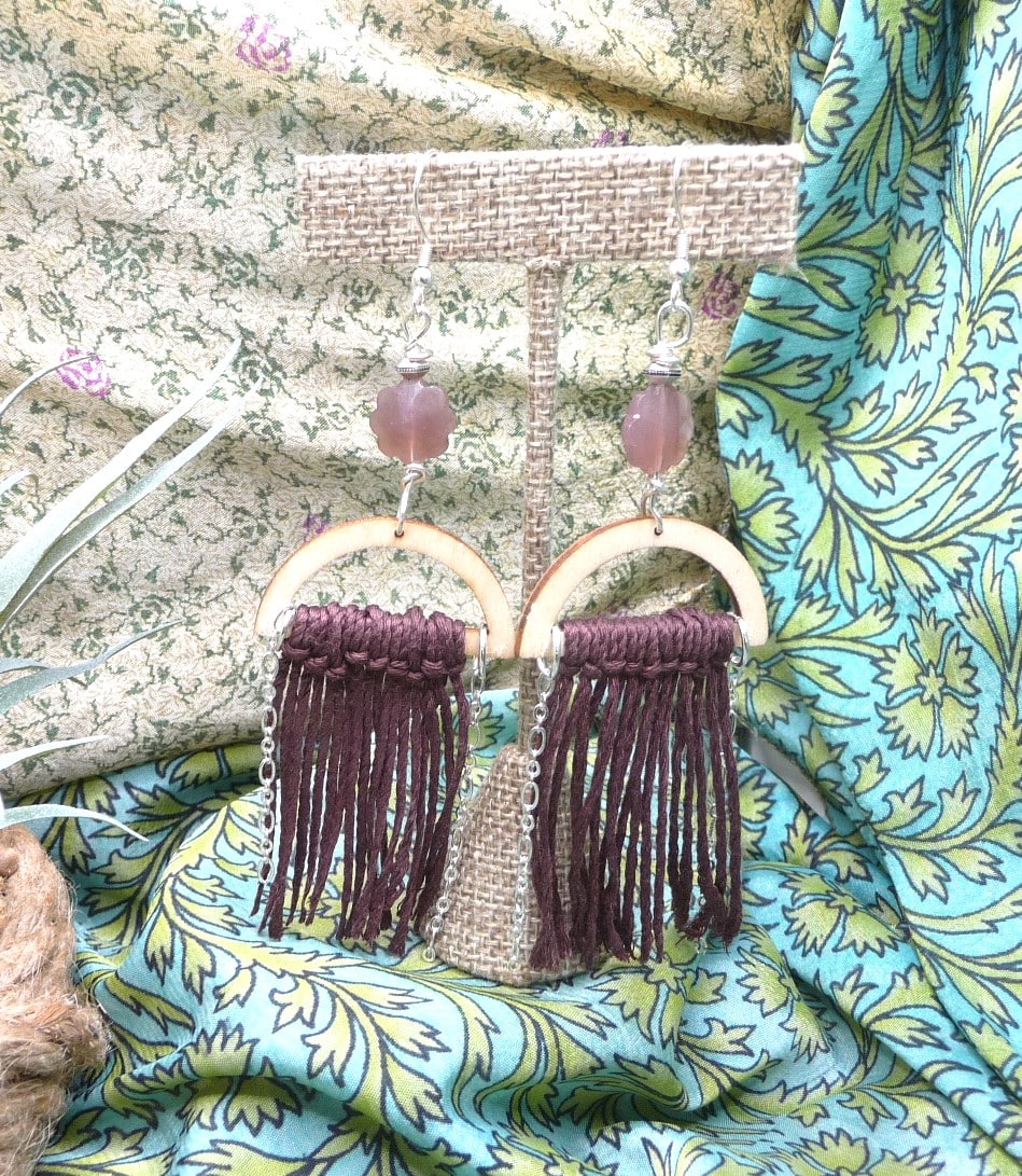 Wooden Plum Fringe Earrings