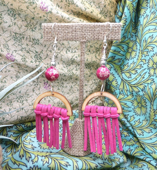 Pink Suede and Wood Fringe Earrings