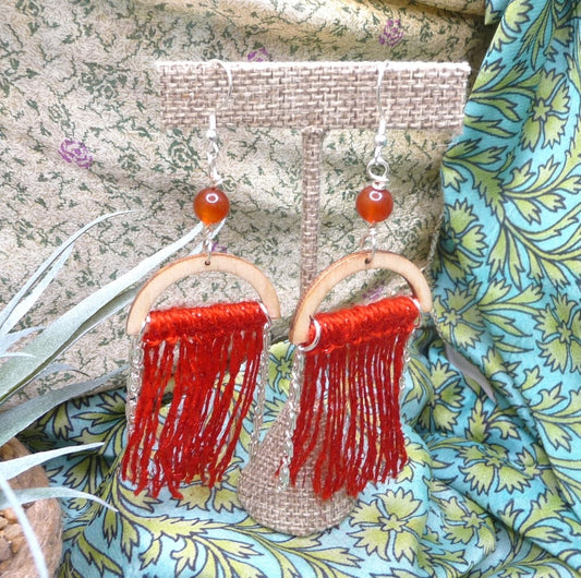 Red Fringe Wood Earrings