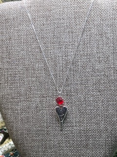 Hammered Silver Heart Necklace with Red Crystal