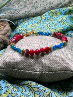 Teal Red and Gold Bracelet with Multi Sized Beads